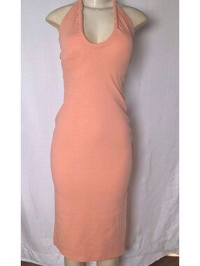 Roxy Peach Halter Midi Dress Ruched Scoop Neck Bodycon Side Slit Y2K Beachy S
